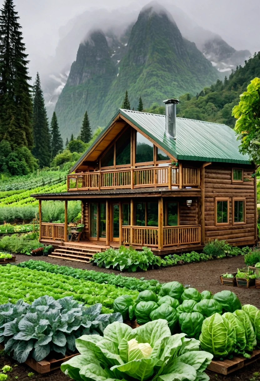 A wooden cabin with large windows and a wraparound deck, sits amidst a lush vegetable row with neatly arranged rows of plants. Behind the cabin, mountains loom under a raining