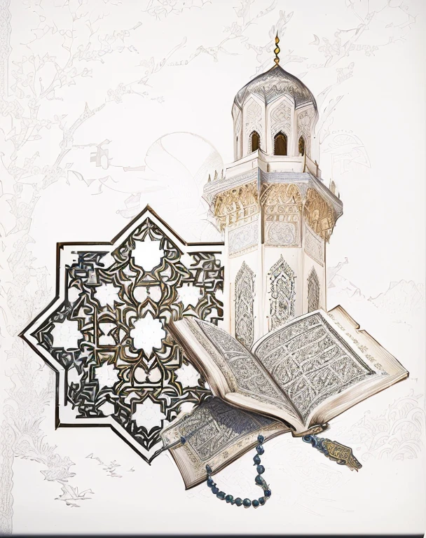 a sketch of a mosque with a quran and rosary  detailed intricate illustration, highly detailed vector art, engraved vector, intricate detailed illustration, elaborate illustration, highly detailed illustration, intricate details illustration, beautiful detailed illustration, detailed vectorart, islamic architecture, detailed vector, elaborate ink illustration, sketch illustration, high quality sketch art, ultra detailed intricate ornate, ultra detailed illustration