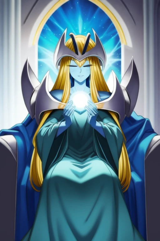 mysticalygo, mystical elf, smile, eyes closed, blue dress, long skirt, blue skin, blue cloak, cape, long robe, blonde hair, long hair, Yugioh, overly long sleeves, no hands, crouches, sitting, living room