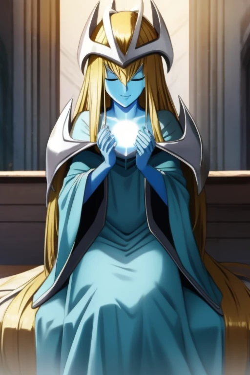 mysticalygo, mystical elf, smile, eyes closed, blue dress, long skirt, blue skin, blue cloak, cape, long robe, blonde hair, long hair, Yugioh, overly long sleeves, no hands, crouches, sitting, living room