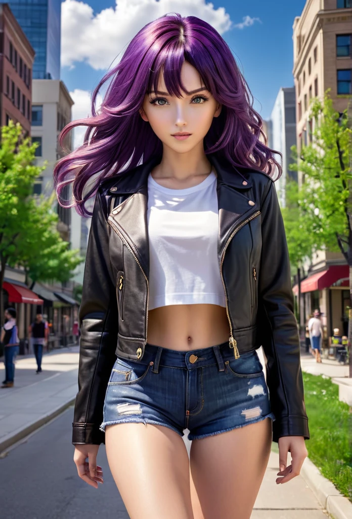 1 Full Body Woman, solo, close-up, (Misato Katsuragi)
purple hair, long hair, wide hips, natural,
((masterpiece)), ((best quality)), HDR , UHD, 64K, (professional photograph), (hyper-realistic), ((expressive eyes)), (enigmatic eyes), intricate eyes, brown eyes, hazelnut eyes, oval face, perfect face, perfect face proportions, (Model Woman)
BREAK
Sky, trees,clouds, (grass:0.9),
BREAK
(Wearing leather Jacket), ((black jacket)), intricate jacket,
BREAK
(Cropped t-shirt), ((black cropped t-shirt)), intricate cropped t-shirt, ornate cropped t-shirt, logo of heavy metal band on the cropped t-shirt,
BREAK
(Short shorts), ((denim shorts)), daisy dukes, intricate shorts,
BREAK
(Cowboy shot), (front view), front facing, looking at viewers, walking, (walking to viewers), (city), (downtown), (western European city), Spring, ((scenery)), outdoor, day, studio lightning, sun rays, joyful, romantic atmosphere,