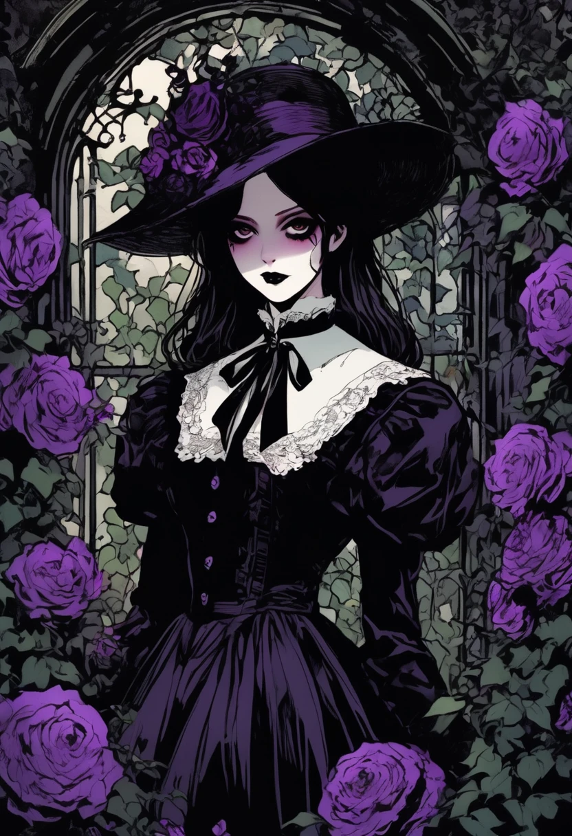 Neo-goth style girl, Wearing a black dress and a white collar, Wearing a black hat、Wearing heavy makeup, Standing in a mysterious garden surrounded by vines. The garden is full of deep purple flowers.、Gothic architecture in the background。. The girl's hair is black、Her hair is tied in a long braid.、A red rose is pinned to the side。. Her eyes are sharp、It's like a stab., Thick black eyeliner and long eyelashes. She has a pale complexion.、Her lips are bright red.. The atmosphere is gloomy and eerie, with dim lighting casting long shadows. This piece is a combination of digital illustration and photography., The result is a stunning high-resolution image. The colors are mostly dark、I'm calm, The deep red and purple create a dark beauty.. The overall style of the image is neo-gothic., Horror, Portrait Photography, Create unique and compelling visual experiences.Dark Imagery