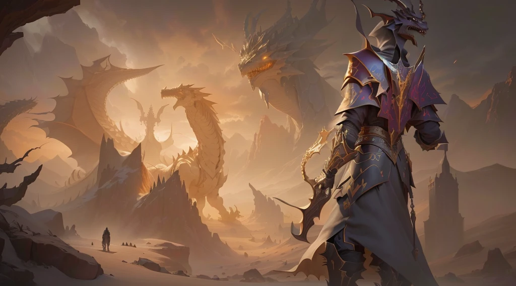 A man stood before a dragon, 8K HD wallpaper JPEG artifact, 8K HD wallpaper JPEG artifact, graphic artist peter Morbacher, Morbacher, peter Morbacher artstyle, Undead Desert Lich Pharaoh, in the art style of Morbacher, Peter Morestyle