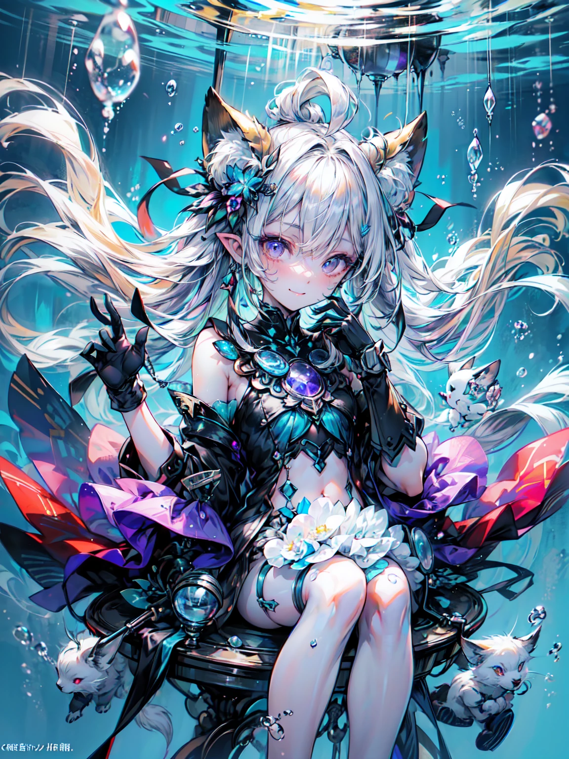 Android girl floating in a culture pod, (cylindrical glass culture pods:1.3), (Pods filled with blue water:1.3), (she is Floating in the water:1.5),Blake、（Dark Elf), Perfect Face, 優しいsmile、Get used to it, Ahoge, ((Long Hair:1.2)), (Hair above one eye:1.3), [[Messy Hair]], Shiny blonde white hair, Purple eyes, Variegated eyes, Colorful Hair, Shining Eyes, (eyelash, eye shadow, ピンク eye shadow), bright, smile, Design Art：Haruhiko Mikimoto, by Kawashi, By Yoshitaka Amano, Dark brown skin
