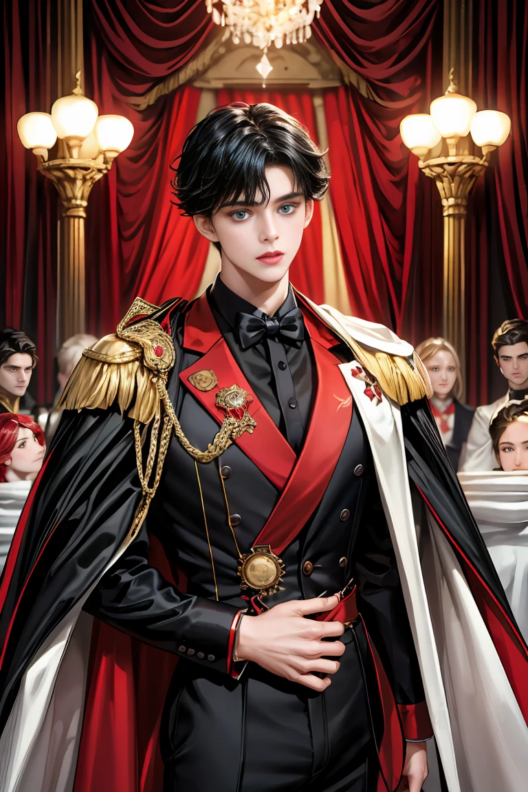masterpiece, 最high quality, high quality, 1 boy, alone, Male focus, Watching the audience, Messy black hair, Adorable big blue eyes, White people, Noble, Noble,A black and red cape bursting with sexy volume、Tuxedo、A very voluminous, large, very large, very large, long, long red and black cape with a high stand-up collar, made of a lot of fabric that reaches down to the floor., s old,Cute beautiful boys,Cute, cute, kind, handsome guy