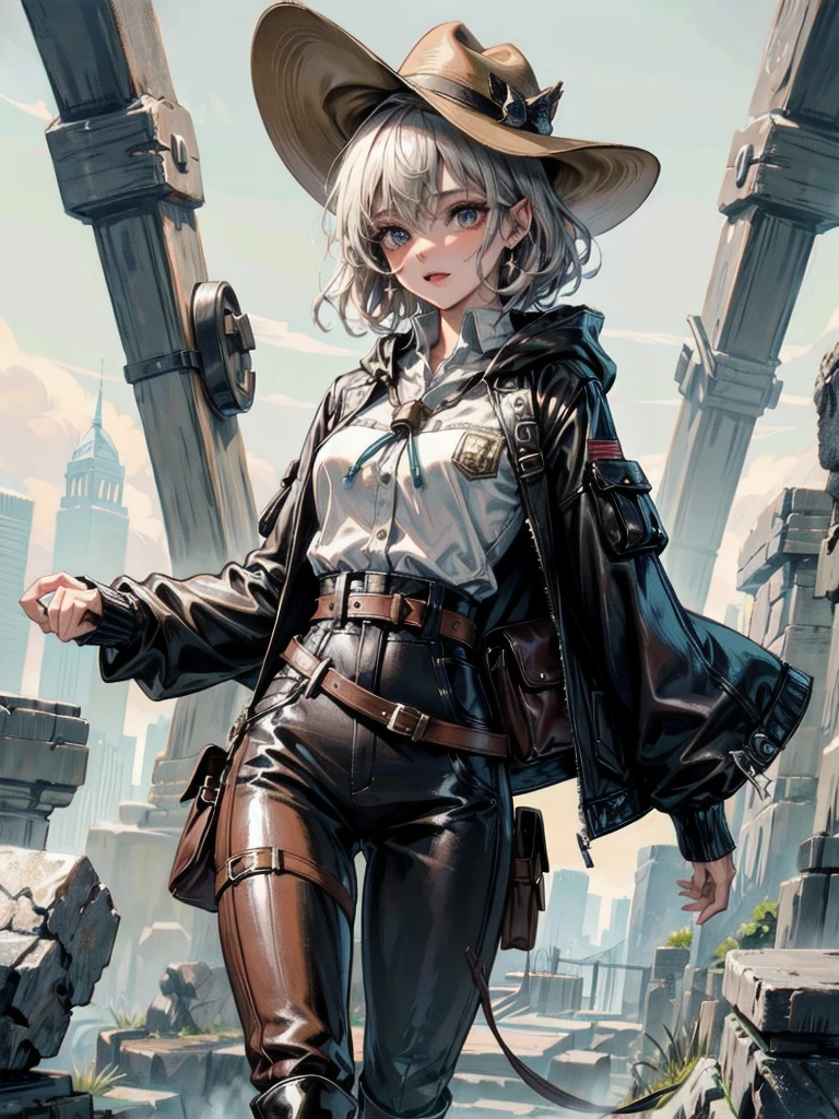 cool cowgirl, fantasy adventurer, cowboy hat, decorated hooded armor jacket, cross belt, Brown leather pants, Red leather long boots, absurdres, RAW photo, extremely delicate and beautiful, masterpiece, Best Quality, ultra high resolution, 32k, hyperrealistic, ultra-detailed, detailed description, pale skin, 20 years old, tearful mole, earring, short medium hair, wavy hair, whole body shot,
