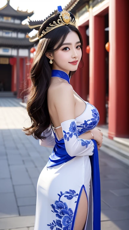 (((Chinese Beauty)))、((Angle of view from the side))、(Look back here)、21 years old、(Very heavy makeup:1.3)、(Slanted Eyes:1.4)、(long narrow eyes:1.4)、Shiny Hair、Glowing Skin、Very white skin、Jet Black Hair、Straight long hairstyle、Waist-length hair、Big eyes、Double eyelids、Luxury Chinese palace、(Standing in the palace corridor)、(Golden luxurious hair ornament)、(((Patterned costume of a Chinese queen)))、Luxurious and gorgeous、(huge breast:1.2)、(Exposed Skin:1.2)、(Smile with your mouth closed)、Transparent white cloth、(((Royal Blue Costume)))
