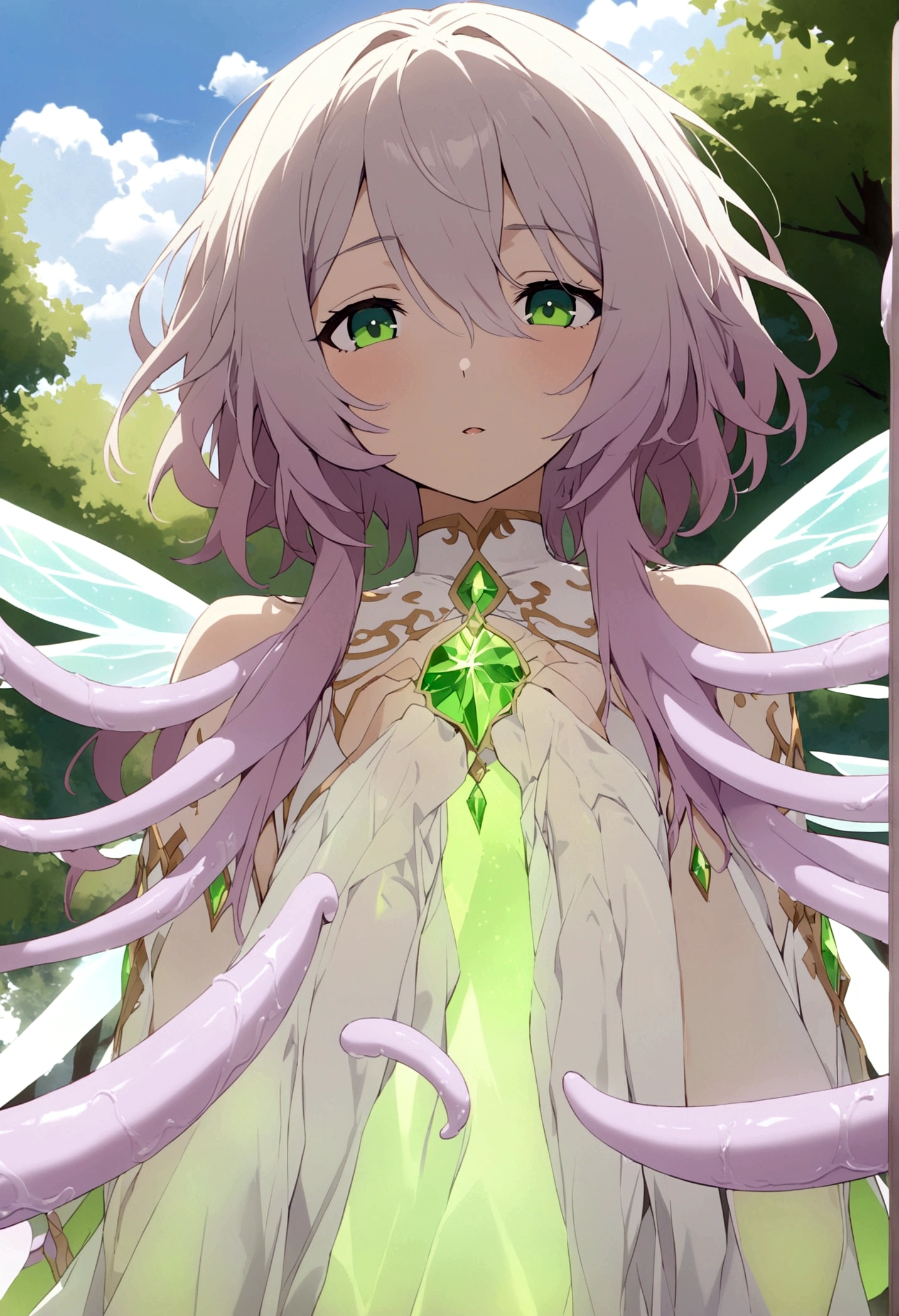 A eldritch angel (central body of a violet lion, 6 pairs of radiant crystal wings, numerous white tentacle eyestalks with neon green eyes) has appeared in a holy corona and approaching the viewer set in a park in daytime
