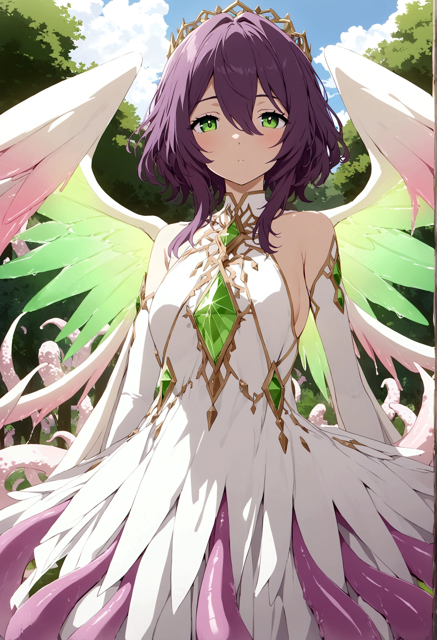 A eldritch angel (central body of a violet lion, 6 pairs of radiant crystal wings, numerous white tentacle eyestalks with neon green eyes) has appeared in a holy corona and approaching the viewer set in a park in daytime