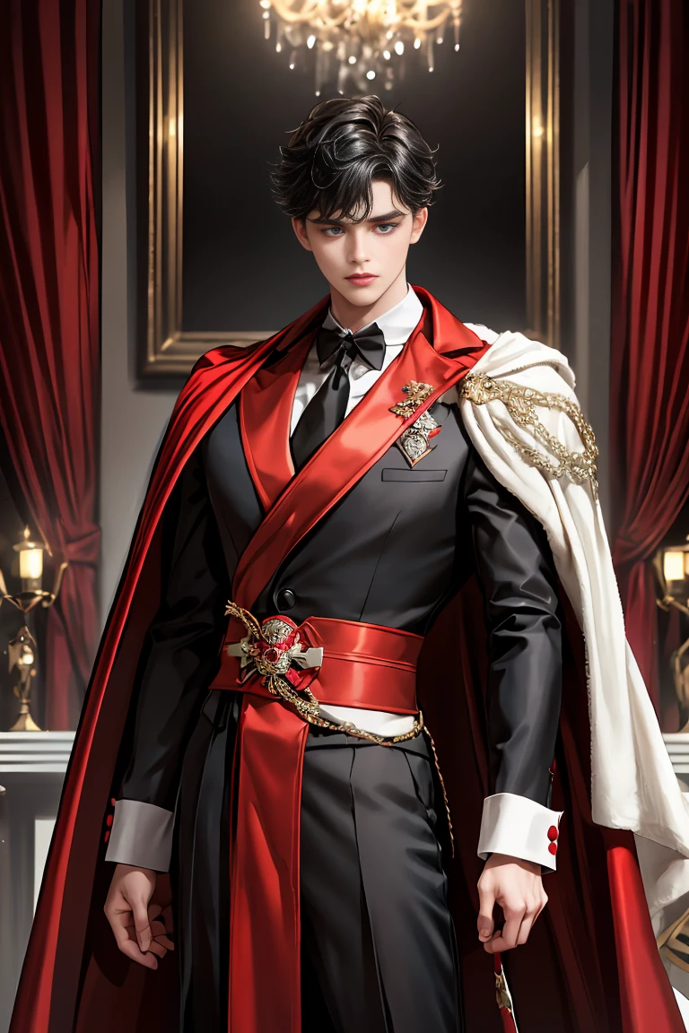 
masterpiece, 最high quality, high quality, 1 boy, alone, Male focus, Watching the audience,  Messy black hair, Adorable big blue eyes, White people, Noble, Noble,Sexy voluminous black and red cape、Tuxedo、A very voluminous, large, very large, very large, long, long red and black cape with a high stand-up collar, made of a lot of fabric that reaches down to the floor., ,Cute beautiful boys,Cute, cute, kind, handsome guy