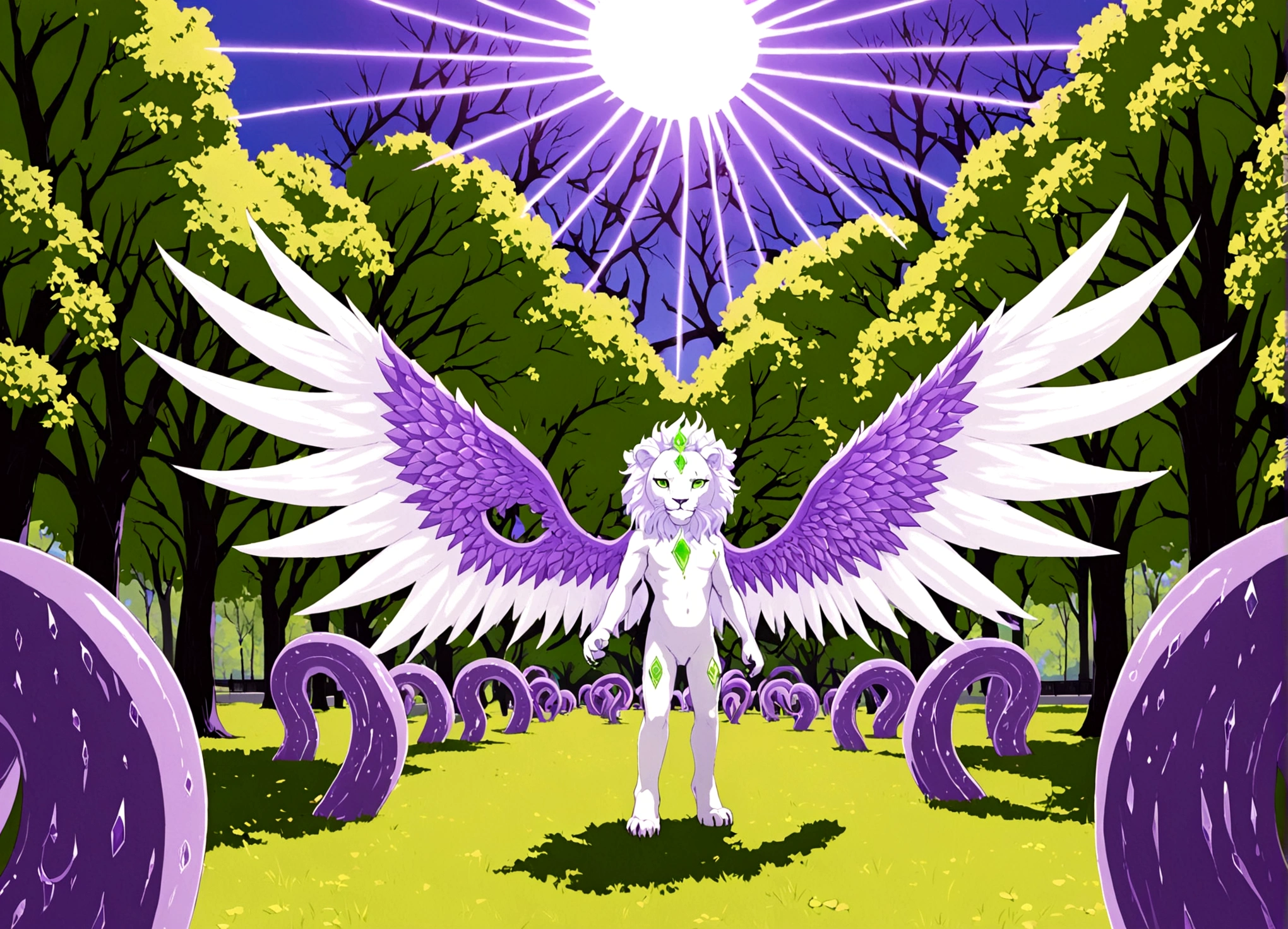 A eldritch angel (central body of a violet lion, 6 pairs of radiant crystal wings, numerous white tentacle eyestalks with neon green eyes) has appeared in a holy corona and approaching the viewer set in a park in daytime