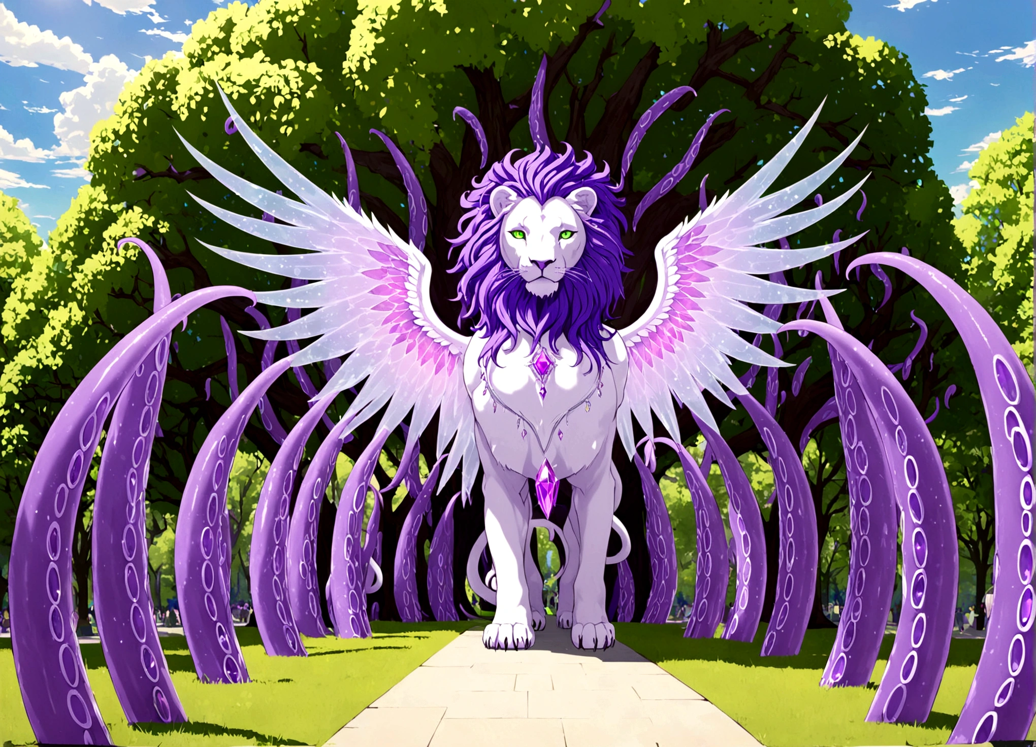 A eldritch angel (central body of a violet lion, 6 pairs of radiant crystal wings, numerous white tentacle eyestalks with neon green eyes) has appeared in a holy corona and approaching the viewer set in a park in daytime
