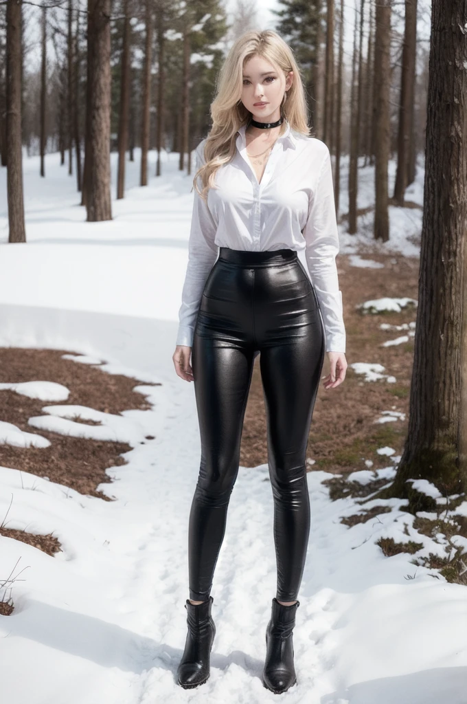 Masterpiece, ultra realistic,32k,Extremely detailed CG unity 8k wallpaper, Best Quality, Masterpiece, ultra realistic,32k,Extremely detailed CG unity 8k wallpaper, Best Quality, whole body, standing, huge breasts. excellent breasts, perfect thighs, perfect legs, agitate, choker:1.6, ear drop, Snowy forest, snow, ( fitted long sleeve white buttoned shirt, shiny black leggings, black mini boots. ) , Ash Blonde Hair Ponytails ,