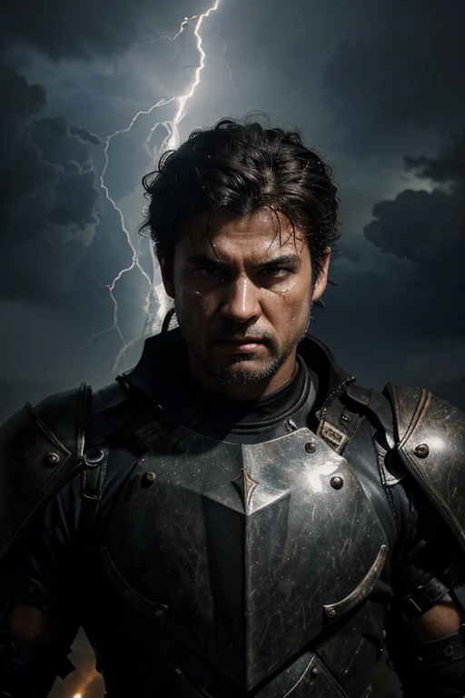 Masterpiece, best quality, nitid, ultra detailed, man's face with lightning and thunder, anger, wrath, supreme god, smooth black armor
