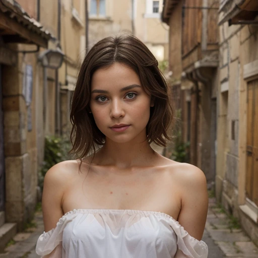 jeune femme de 25 ans, brune aux yeux bleus, chemisier blanc transparent, summer rain, bare shoulders, low-cut, in a medieval village, murs en anciennes pierres, portes en bois