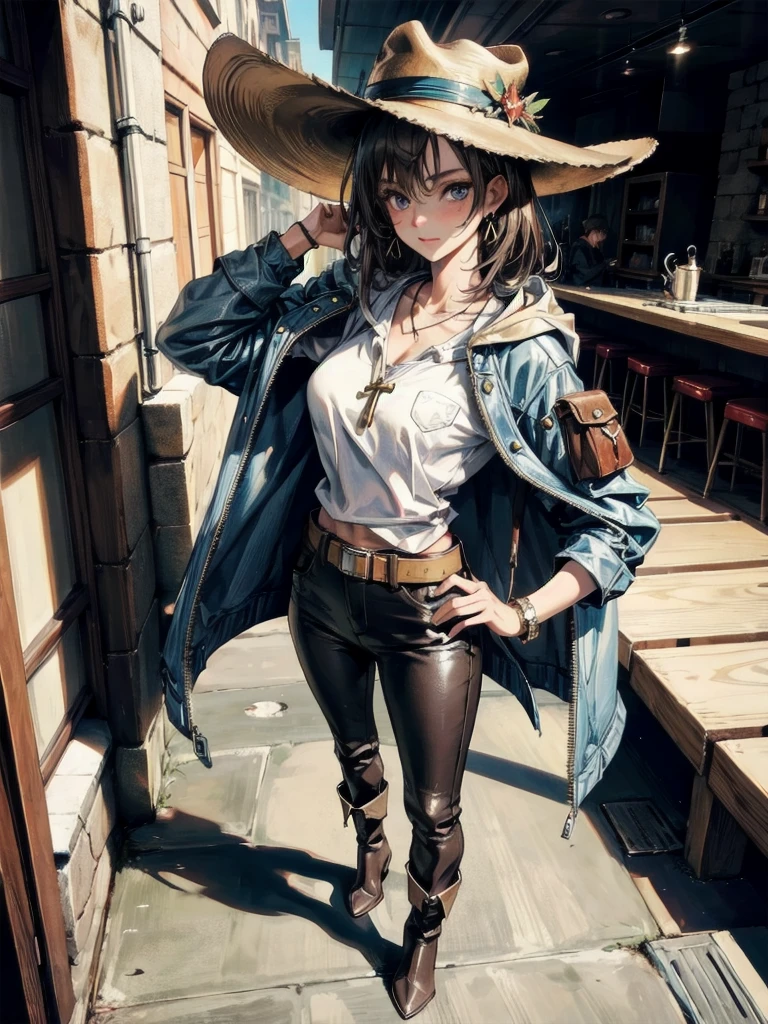 cool cowgirl, fantasy adventurer, cowboy hat, decorated hooded armor jacket, cross belt, Brown leather pants, Red leather long boots, absurdres, RAW photo, extremely delicate and beautiful, masterpiece, Best Quality, ultra high resolution, 32k, hyperrealistic, ultra-detailed, in her 20s, delicate facial features, tearful mole, earring, medium breasts, full body shot, shorter middle hair, black hair,