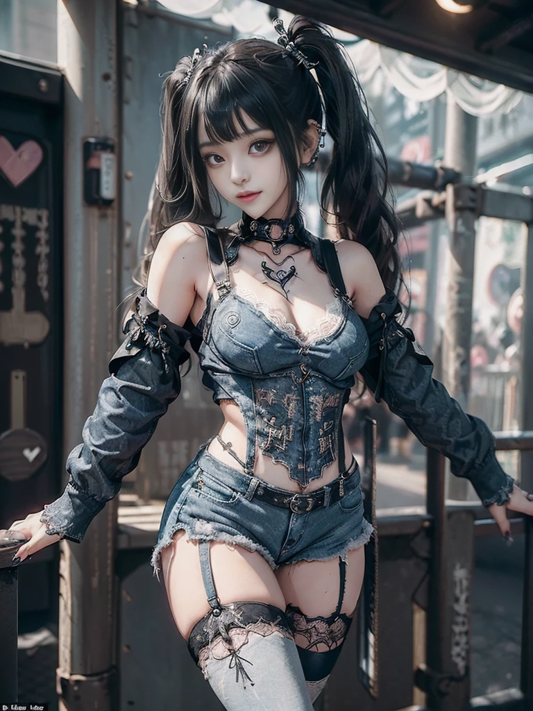 (Full Body View:1.4)、(Full body:1.4)、(Smiling with teeth showing:1.3),(Shibuya Gal:1.5)、(Hostess:1.4)、(gothic fashion:1.5)、(Punk RockVisual Kei:1.3)、(Futuristic baby doll in black, white and denim:1.5)、(A delicate jacket in denim, beige and navy:1.5)、(Denim garter belt:1.5)、(Denim and black and white bodysuit:1.4)、(Heart-shaped silver accessories:1.5)、(Brown Skin Belt:1.4)、(Blue High Heels:1.4)、(Lace patterned underwear:1.4)、20-year-old、NSFW,((Highest quality、In 8K、masterpiece:1.3))、Sharp focus:1.2、(Layered Cut、Beautiful boobs:1.1),Beautiful woman with perfect figure:1.4、(Doing an aerobics pose:1.3)、Slender Abs:1.2、Butt、Highly detailed face and skin texture、Detailed eyes、double eyelid,(Twin tails:1.3)、(Black brown hair:1.3)、Obscene、Gravure idol、(Luxurious amusement park at night:1.3)、(Make your legs thinner:1.4)、(Thin thighs:1.4)、(Slim body:1.3)、(clavicle:1.1)