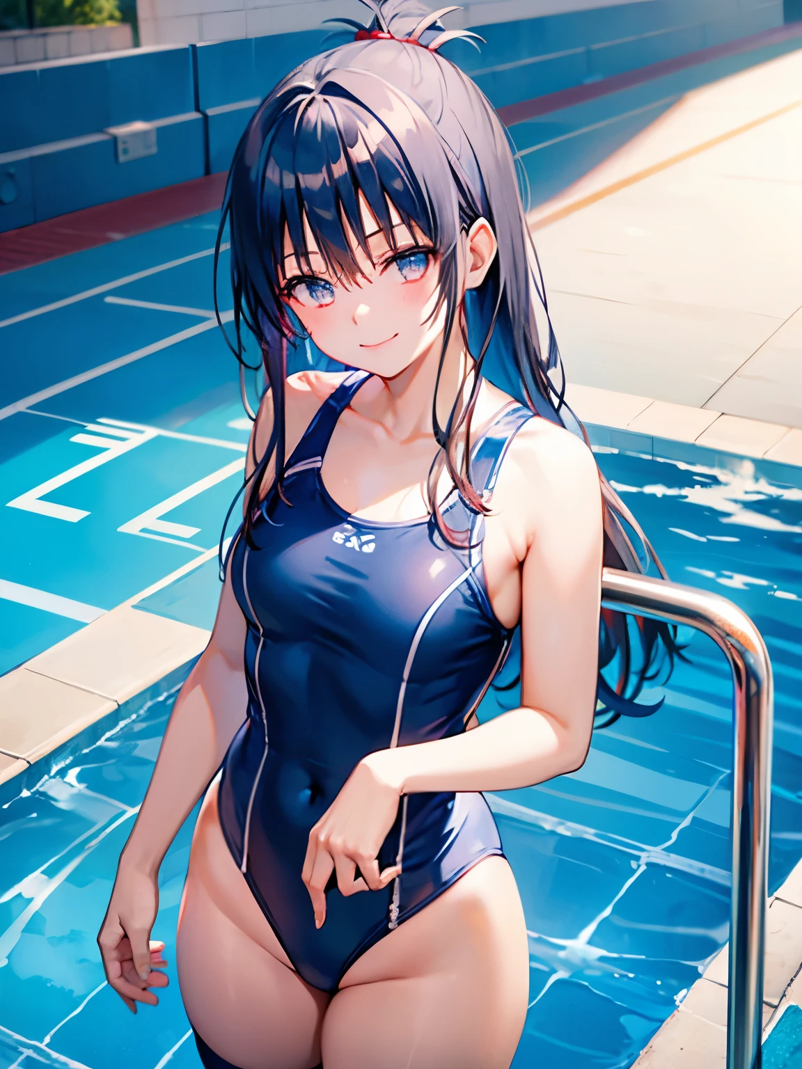 One female、School Swimsuit　light blue、Fishnet tights、Crimson Eyes、Silver Hair、Left wrist　Sports Watches、smile、Right shoulder　Tattoo、School　In the pool、Are standing