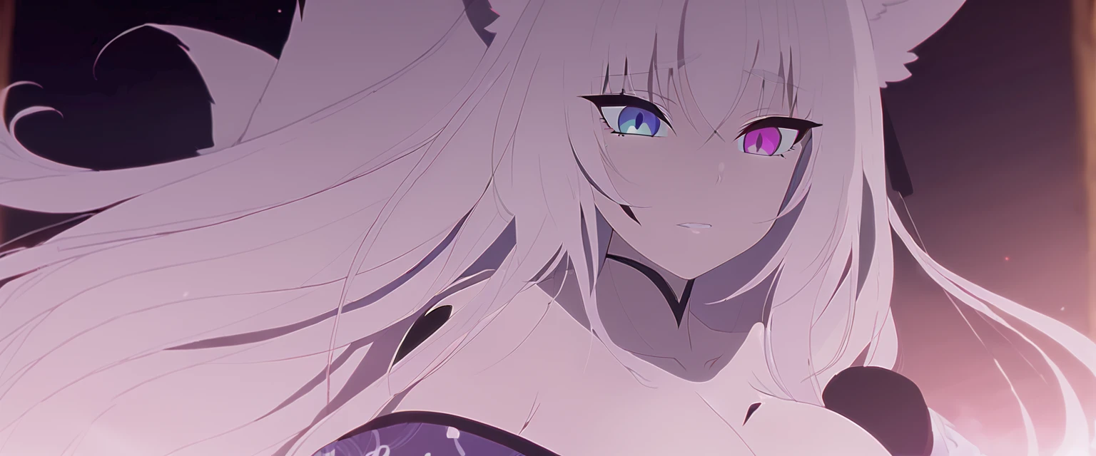beautiful white neko, long white neko ears, white neko tail, anime style, purple eye, blue eye, big breasts, extremely detailed eyes and face, Wearing White and Black Open Shoulders Kimono, white long hair, heterochromia, wide waist, mature woman, black small beauty mark under right eye