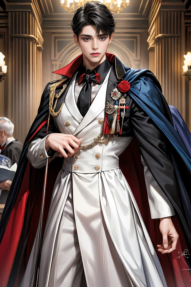 masterpiece, 最high quality, high quality, 1 boy, alone, Male focus, Watching the audience, Messy black hair, Adorable big blue eyes, White people, Noble, Noble,Sexy super volume and super long black and red cape、Tuxedo、A very voluminous, large, very large, very large, long, long red and black cape with a high stand-up collar, made of a lot of fabric that reaches down to the floor., ,Cute beautiful boys,Cute, cute, kind, handsome guy