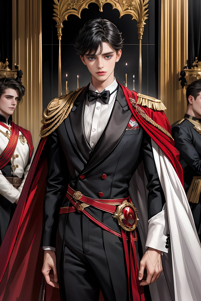 masterpiece, 最high quality, high quality, 1 boy, alone, Male focus, Watching the audience, Messy black hair, Adorable big blue eyes, White people, Noble, Noble,Sexy super volume and super long black and red cape、Tuxedo、A very voluminous, large, very large, very large, long, long red and black cape with a high stand-up collar, made of a lot of fabric that reaches down to the floor., ,Cute beautiful boys,Cute, cute, kind, handsome guy