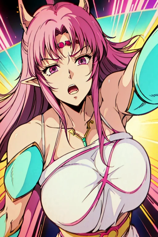 a pixel art style, woman warrior with pink hair and elf-like ears. wearing a revealing outfit, including a white and turquoise top and matching accessories. She appears to have a gauntlet, character's expression is confident and playful. Full body portrait, (looking straight into the camera)