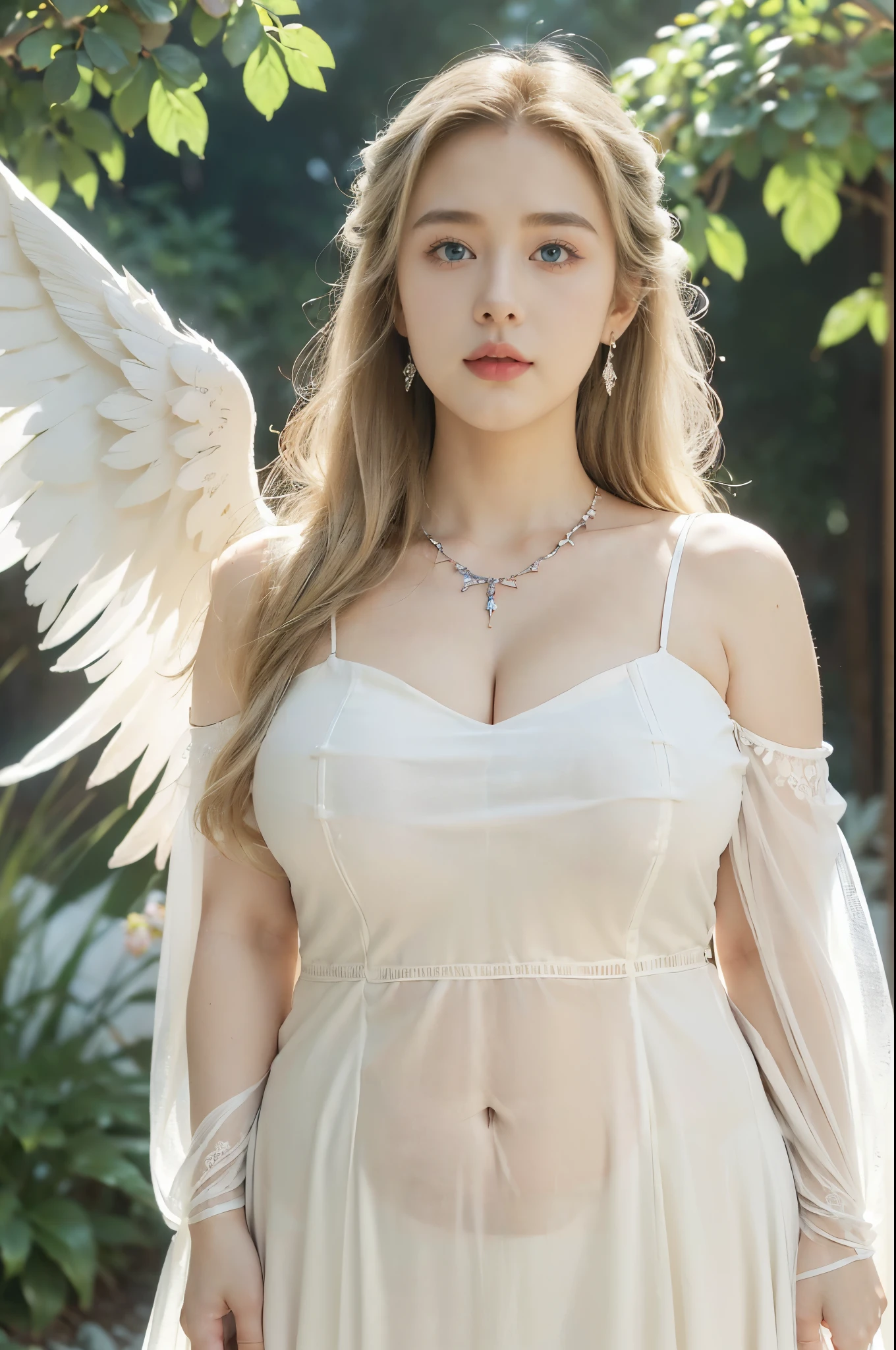 (((best quality))), (((ultra detailed))), (((masterpiece))), illustration,((1 beautiful ,solo,angel)),((fair skin,shoulder length straight blonde hair,blue eyes)),(earrings,crystal necklace),((big face,round face,bloated face,double chin)),(((plump,fat,obese,overweight))),(((gigantic breasts,towering chest,cleavage,underboob,gigantic belly))),joyful expression,(white wings:1.3),(flowing short-sleeved white sheer dress:1.3),((In heaven, garden setting)), vibrant flowers,(colorful flowers:1.3),lush grass, gentle breeze, (clear sky, fluffy clouds, shining sun),((from front,standing,upper body,arms behind back)),((pantyhose))