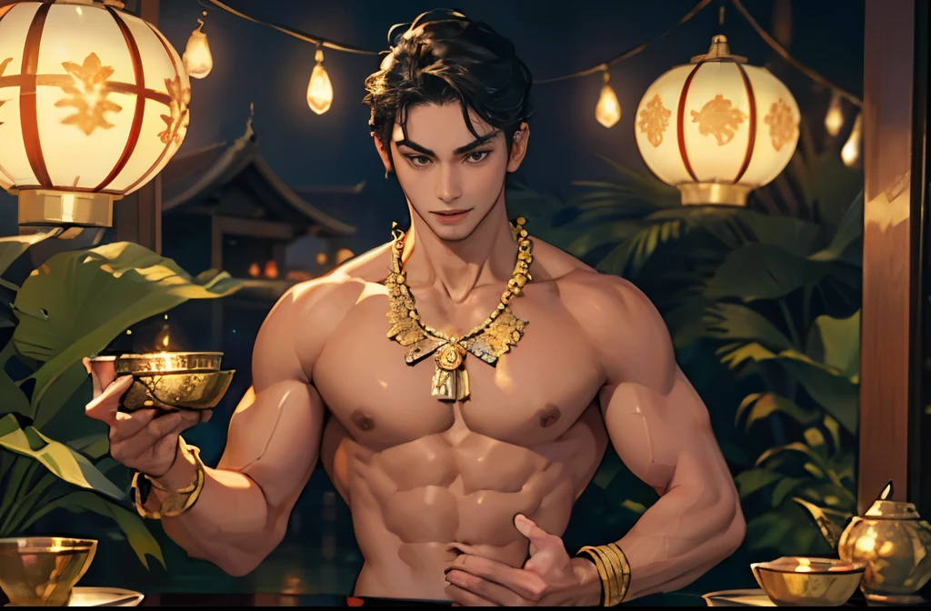 Young Thai man, handsome, muscular, broad shoulders, tight chest, tanned skin, wearing Thai clothes, various silk fabrics, Thai patterns, embroidered with flowing gold thread, traditional Thai gold necklace, traditional Thai gold bracelet, holding two lotus flower bowls. hands, riverside, Thai temple, rainforest, late at night, moonlight, fog, upper body image