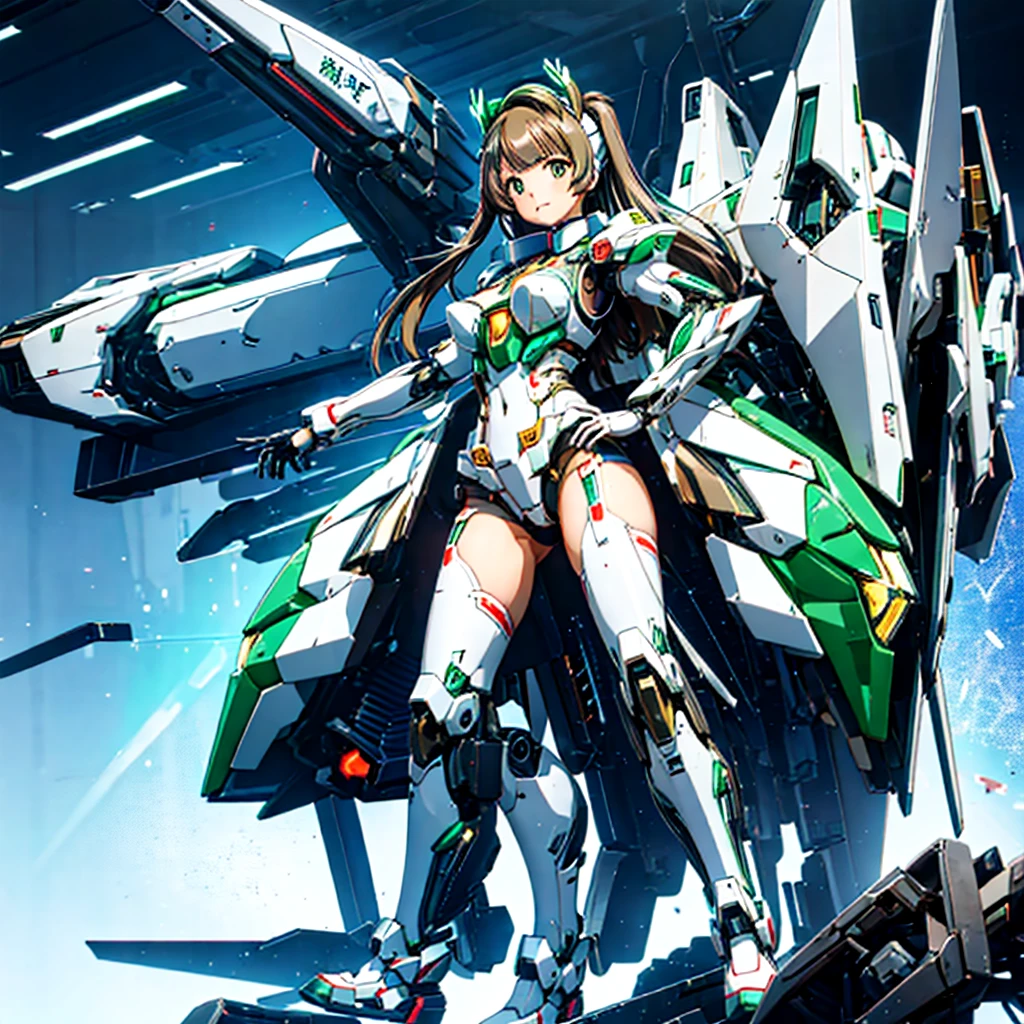 masterpiece, high quality, Cyborgization、Destroyed gynoid cyborg body、The face is of Minami Kotori.、Girl-type mechanical body、Mecha Cyborg Girl、Single, frontal composition、Single image、from front, full body、Mechabare、The body is destroyed, exposing the precision machinery、Barcode on thigh、Inside the Institute、The repair being carried out
