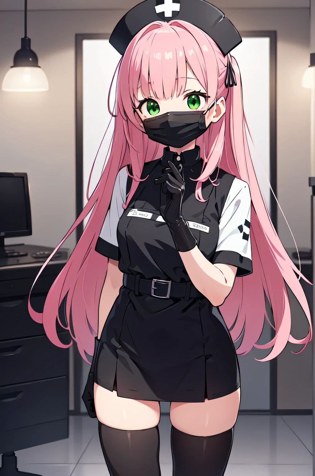 black nurse, 1woman, solo, black nurse cap, black nurse uniform, ((black legwear, zettai ryouiki)), black elbow gloves, pink hair, green eyes, drooping eyes, ((black surgical mask, covered nose)), standing, ((surgery room)), sharp outline, short sleeves, mature female, 32 years old, best quality, masterpiece