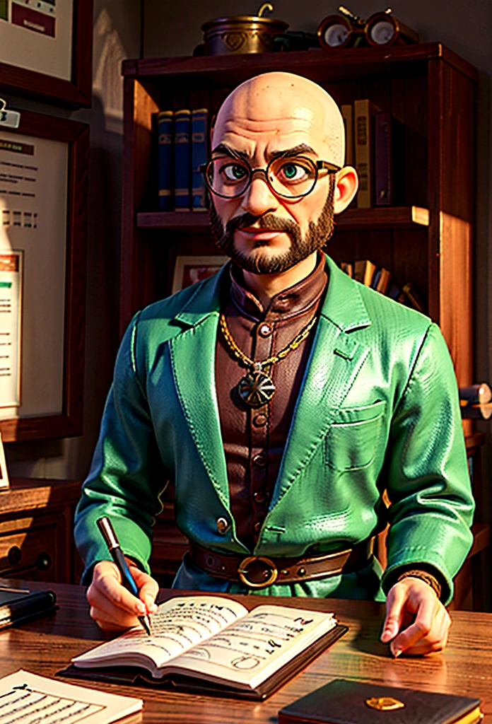 A meticulously organized desk with documents and a quill pen, while a 40 year old man writes a letter,Game of Thrones, man is tall and bald, Green colored eyes, with transparent glasses and brown frames, dark expression, wear black and gold, mascle