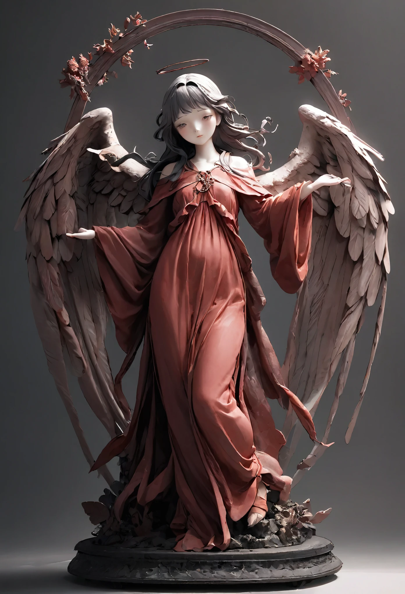 Dark Fantasy、old，dirty， Mineral red pigment，3D粘土clay sculpture艺术，clay sculpture、A woman_Angel, Monochrome wings