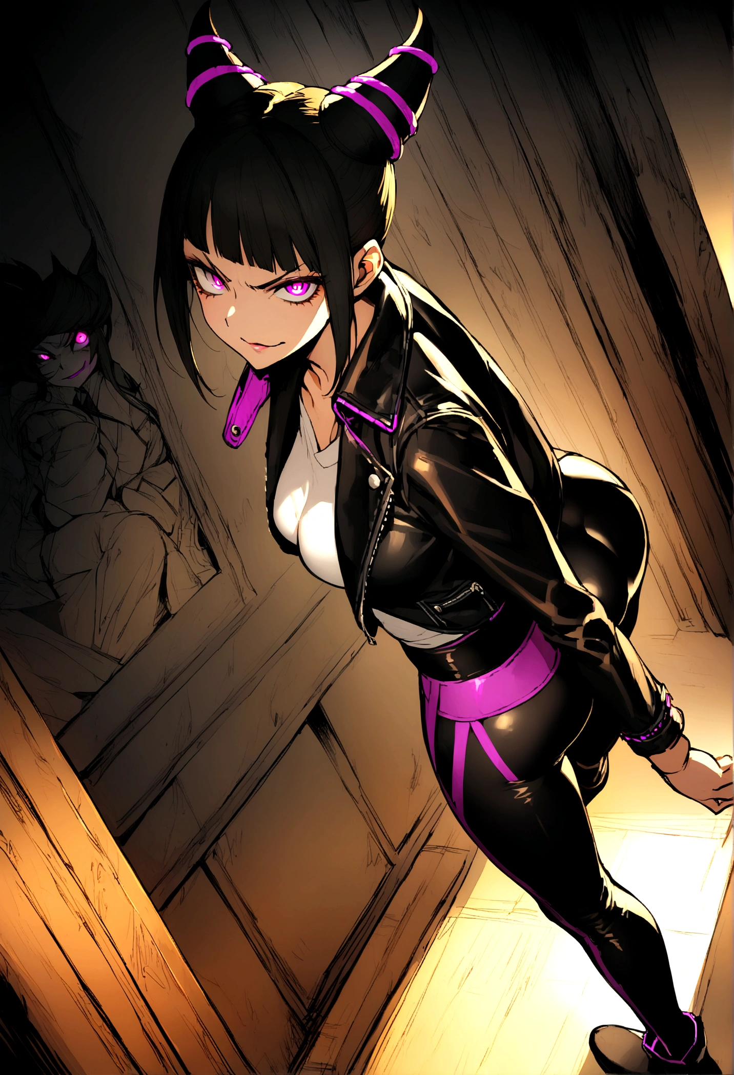 juri han,looking back,beautiful young warrior , with a very detailed and beautiful face, beautifuleyes, beautifuleyes, gorgeous face, glowing purple eyes,beautiful young woman wearing long black leggings with black details, usando leather jacket preta, Standing in an office, wearing black boots, horn hair, with black fringe, , evil smile ,white sweater with strap around, serious look,usando leather jacket preto, leather jacket,standing backwards,yellow lighting, evil smile,leggings,looking at tran