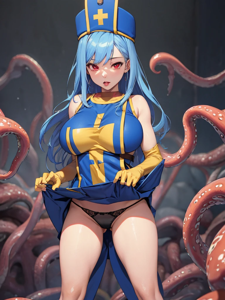 masterpiece,Highest quality, Unreal Engine, Super Resolution, Very detailed,
1 Girl, Waist, thin, (Muscular:0.8)
Round Breasts, Big Breasts, Bold, Part your lips, Observe the audience,
Are standing, sexy pose
Waist shot,Tentacles entangled in chest,Spread your legs,
Simple background anime style, Key Visual,
Light blue hair, Red eyes, Long-haired monk \(dq3\)
,,Tabard Elbow Gloves((Spread your legs上げる:1.3))(Sheer black panties:1.2)