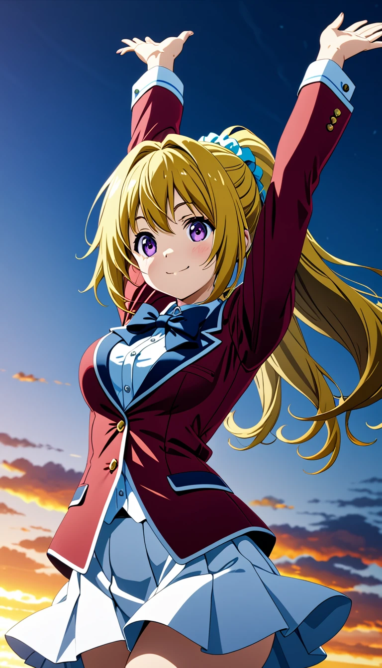 (8k, best quality, masterpiece,ultra detailed, ultra high res:1.2), BREAK (anime keyvisual:1.1), 1girl, Kei Karuizawa, Kei Karuizawa \(youjitsu\), long hair, ponytail, yellow hair, purple eyes, blue bow, hair scrunchie, medium breasts, red blazer,buttoned blazer, blue bowtie, long sleeves, white skirt,jumping ,arms hold up, cowboy shot, smile,closed mouth,blue sky background