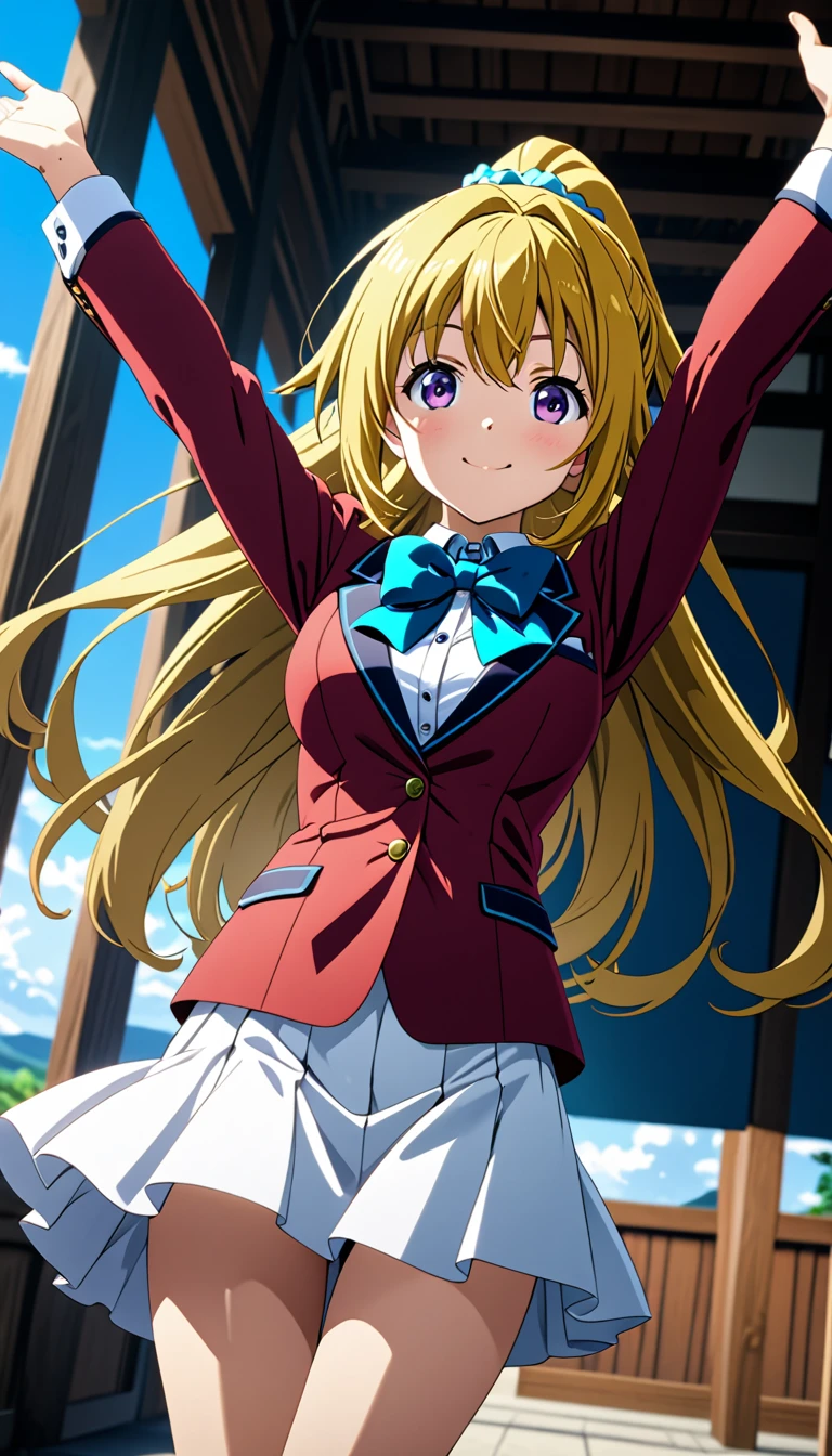 (8k, best quality, masterpiece,ultra detailed, ultra high res:1.2), BREAK (anime keyvisual:1.1), 1girl, Kei Karuizawa, Kei Karuizawa \(youjitsu\), long hair, ponytail, yellow hair, purple eyes, blue bow, hair scrunchie, medium breasts, red blazer,buttoned blazer, blue bowtie, long sleeves, white skirt,jumping ,arms hold up, cowboy shot, smile,closed mouth,blue sky background