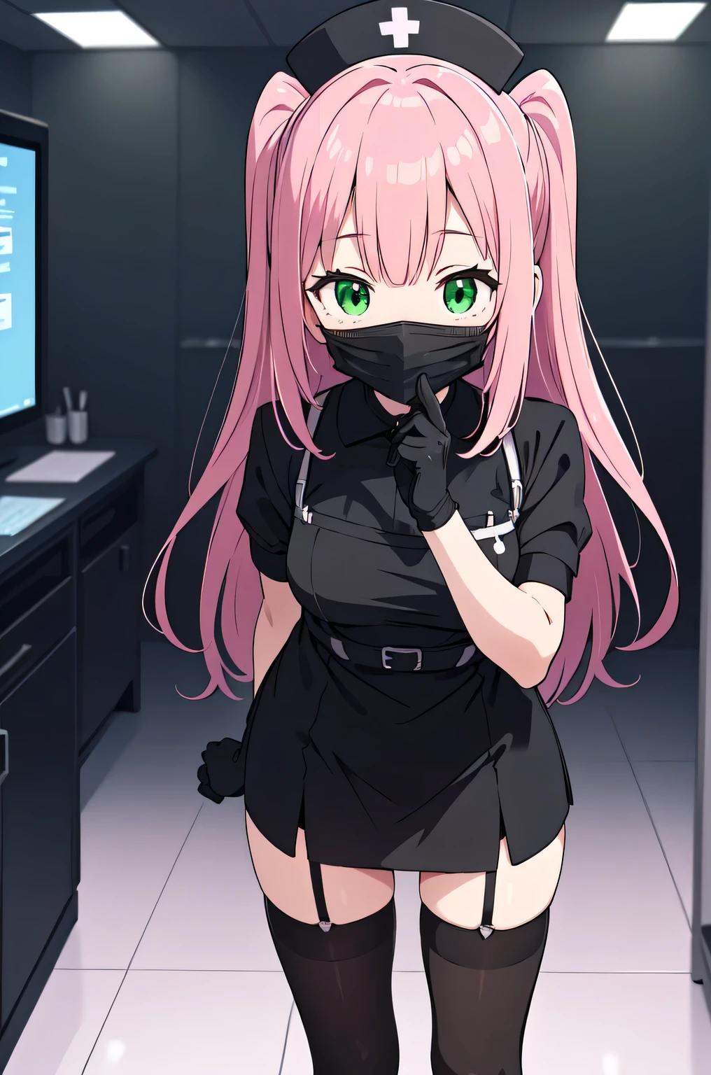 black nurse, 1woman, solo, black nurse cap, black nurse uniform, ((black legwear, zettai ryouiki)), black elbow gloves, pink hair, green eyes, drooping eyes, ((black surgical mask, covered nose)), standing, ((surgery room)), sharp outline, short sleeves, mature female, 32 years old, best quality, masterpiece