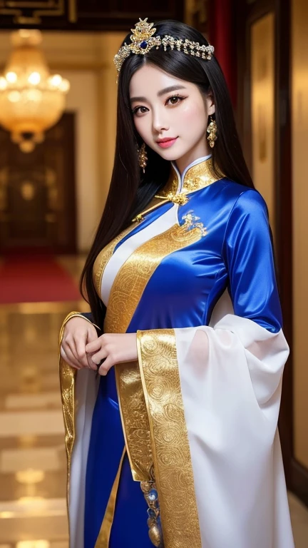 (((Chinese Beauty)))、21 years old、(Very heavy makeup:1.2)、(Slanted Eyes:1.3)、(long narrow eyes:1.3)、Shiny Hair、Glowing Skin、Very white skin、Jet Black Hair、Straight long hairstyle、Big eyes、Double eyelids、Luxury Chinese palace、(Standing in the palace corridor)、(Golden luxurious hair ornament)、(Patterned costume of a Chinese queen)、Luxurious and gorgeous、(huge breast:1.1)、(Exposed Skin:1.3)、(Smile with your mouth closed)、((Royal Blue Costume))