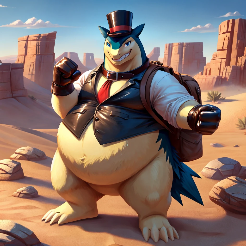 Male, fat, extremely obese, Typhlosion, blue eyes, (posing:1.3), (soft shading), 4k, hi res, ((detailed face, detailed)), looking at viewer, evil grin, desert, cactus, shirt, top hat, male focus, Explorer Outfit, glasses, bag, vest, backpack, sleeves rolled up, round eyewear, brown headwear, brown vest, Typhlosion is wearing a glossy leather dog collar around the neck, Typhlosion is wearing the leather collar and shirt and vest at the same time, Typhlosion is wearing glossy white rubber gloves on the hands, wearing white rubber gloves on the feet, gloves are rubber in texture, clenching teeth, clenching fists, leather collar is glossy and shiny with a lot of detail.