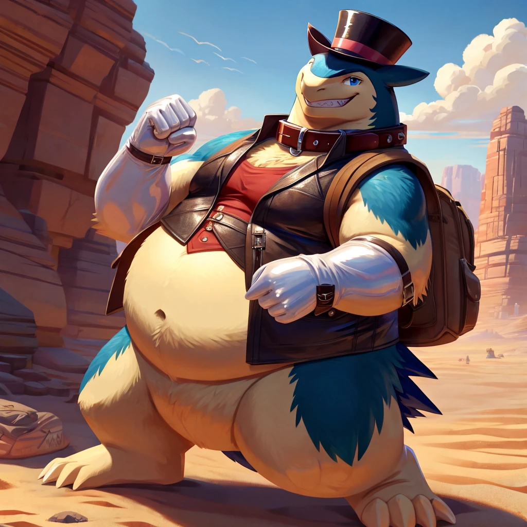 Male, fat, extremely obese, Typhlosion, blue eyes, (posing:1.3), (soft shading), 4k, hi res, ((detailed face, detailed)), looking at viewer, evil grin, desert, cactus, shirt, top hat, male focus, Explorer Outfit, glasses, bag, vest, backpack, sleeves rolled up, round eyewear, brown headwear, brown vest, Typhlosion is wearing a glossy leather dog collar around the neck, Typhlosion is wearing the leather collar and shirt and vest at the same time, Typhlosion is wearing glossy white rubber gloves on the hands, wearing white rubber gloves on the feet, gloves are rubber in texture, clenching teeth, clenching fists, leather collar is glossy and shiny with a lot of detail.