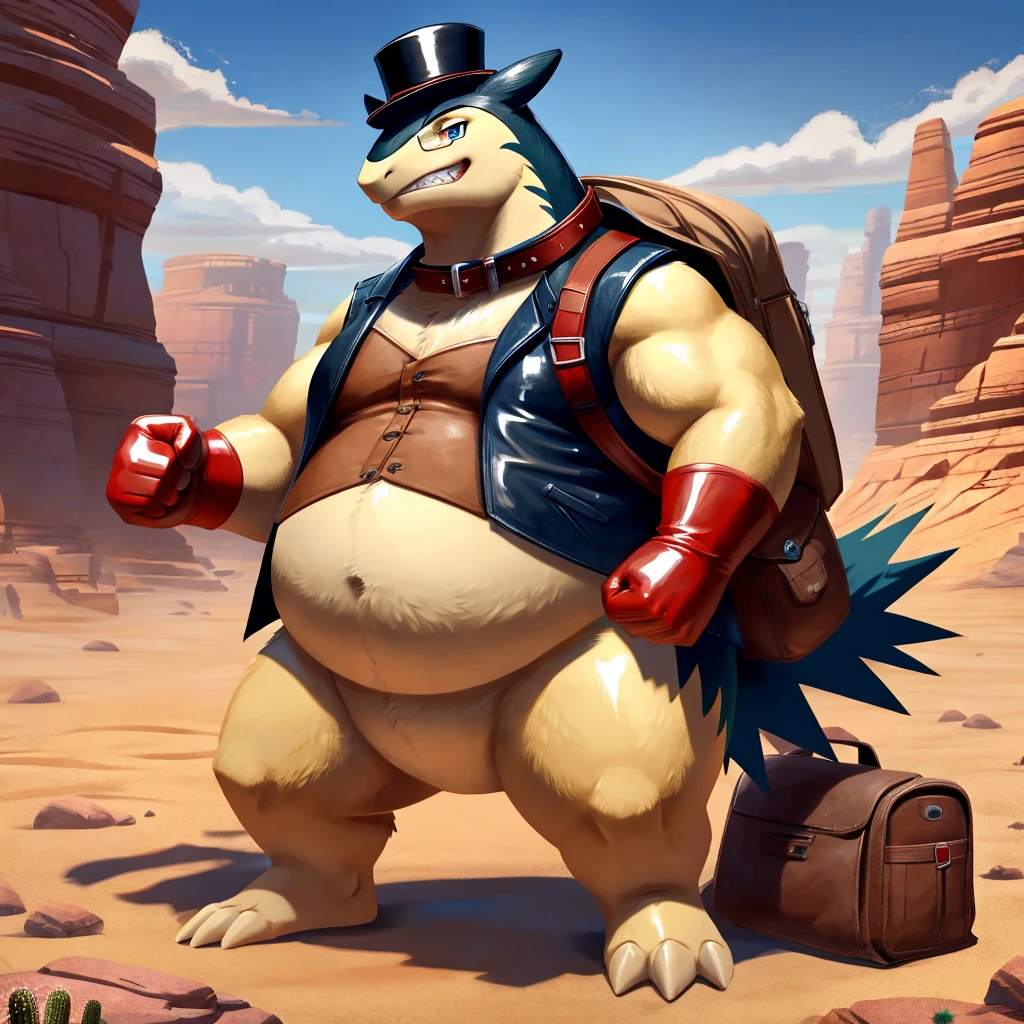 Male, fat, extremely obese, Typhlosion, blue eyes, (posing:1.3), (soft shading), 4k, hi res, ((detailed face, detailed)), looking at viewer, evil grin, desert, cactus, shirt, top hat, male focus, Explorer Outfit, glasses, bag, vest, backpack, sleeves rolled up, round eyewear, brown headwear, brown vest, Typhlosion is wearing a glossy leather dog collar around the neck, Typhlosion is wearing the leather collar and shirt and vest at the same time, Typhlosion is wearing glossy white rubber gloves on the hands, wearing white rubber gloves on the feet, gloves are rubber in texture, clenching teeth, clenching fists, leather collar is glossy and shiny with a lot of detail.