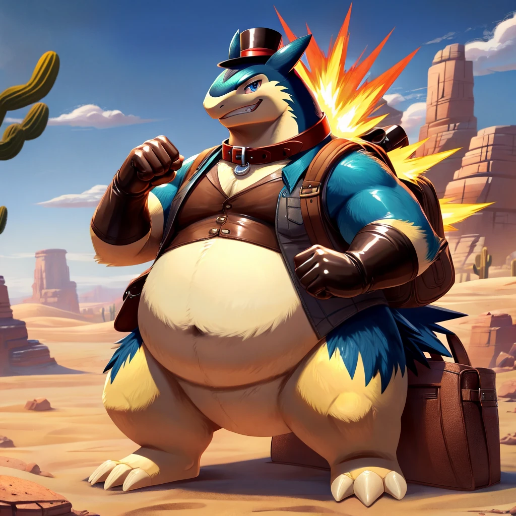 Male, fat, extremely obese, Typhlosion, blue eyes, (posing:1.3), (soft shading), 4k, hi res, ((detailed face, detailed)), looking at viewer, evil grin, desert, cactus, shirt, top hat, male focus, Explorer Outfit, glasses, bag, vest, backpack, sleeves rolled up, round eyewear, brown headwear, brown vest, Typhlosion is wearing a glossy leather dog collar around the neck, Typhlosion is wearing the leather collar and shirt and vest at the same time, Typhlosion is wearing glossy white rubber gloves on the hands, wearing white rubber gloves on the feet, gloves are rubber in texture, clenching teeth, clenching fists, leather collar is glossy and shiny with a lot of detail.