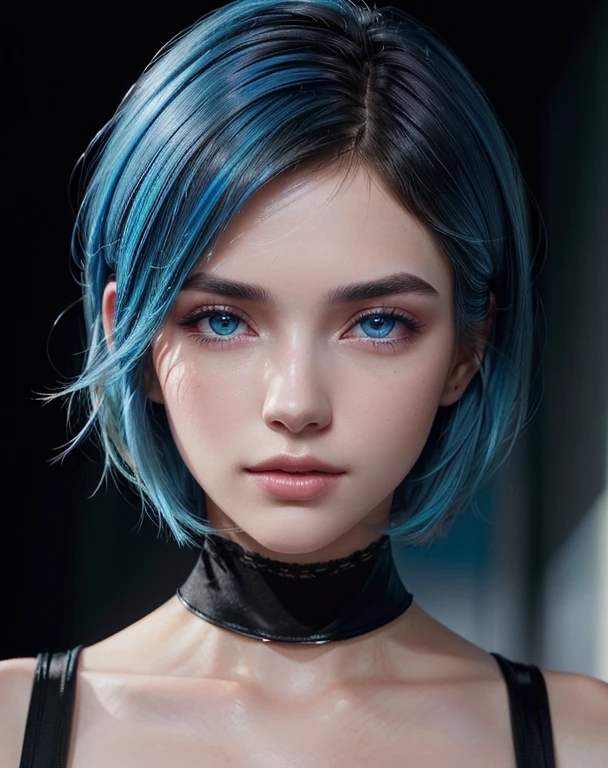 1 girl, short hair with blue highlights, gazing at viewer, blush, blue colored eyes, perfectbody, a close up of a woman in a black and purple outfit, artegerm extremamente detalhado, artegerm style, black hair wizard, how to artegerme, artegerm style, artegerm trend, artegerm. high détail, detailed artegerm, artegerm style, Ilya Kuvshinov e Artegerm, short hair, streaked hair, blue hair, hair behind ear, hair over one eye, Hyperrealism, cinematic lighting, panorama, wide shot