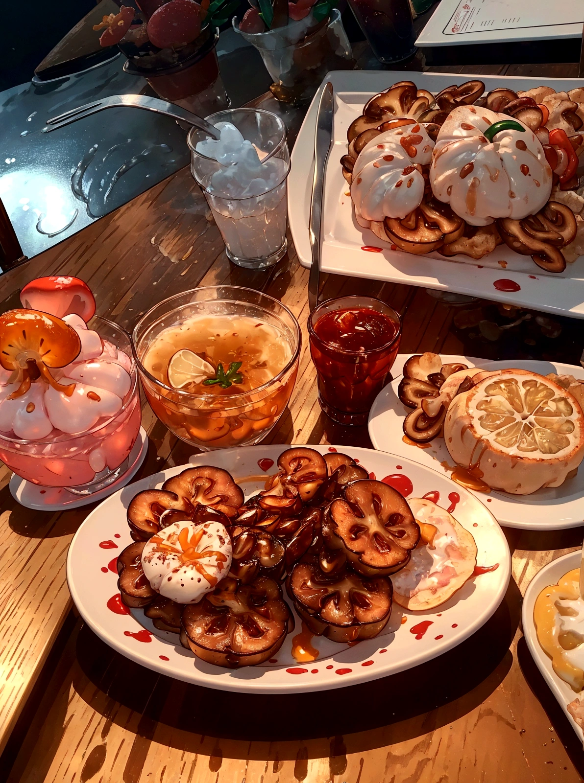 there are three plates of food on the table with drinks, by Emma Andijewska, taken with sony alpha 9, ❤🔥🍄🌪, 8k)), shot on leica sl2, taken at golden hour, 🤬 🤮 💕 🎀, yummy, mixed art, mangeta smoke red light, # oc, 🔞🤡