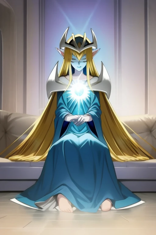 mysticalygo, mystical elf, smile, eyes closed, blue dress, long skirt, blue skin, blue cloak, cape, long robe, blonde hair, long hair, Yugioh, overly long sleeves, no hands, crouches, sitting, living room