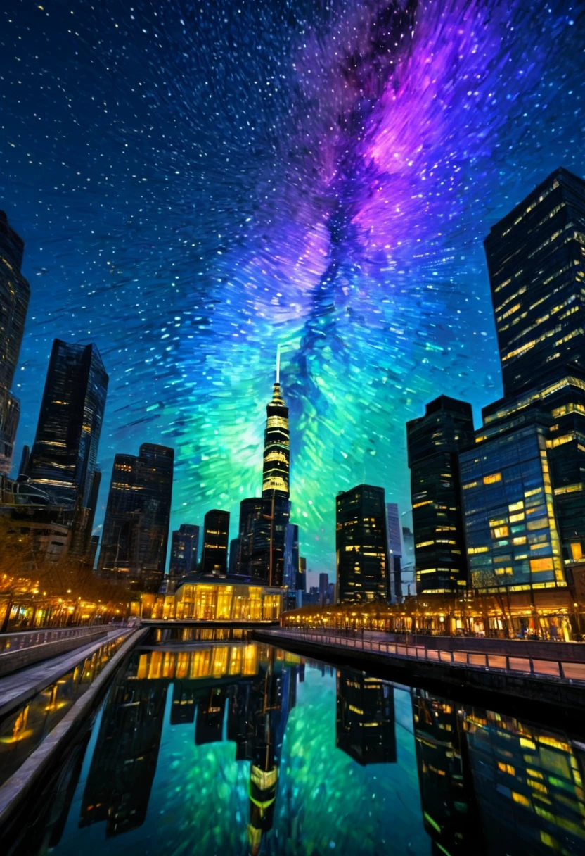 painting笔触，（painting），（painting）
**theme**：**现代城市夜景与梵高Starry Sky的融合**
**style**：**Post-Impressionism，Van Gogh-style brushstrokes**
**Color scheme**：
  - **Main colors**：**Dark blue night sky and bright yellow lights**
  - **Secondary color**：**Soft purple and dreamy pink**
  - **Accent color**：**Vibrant green and warm orange**
**Composition**：
  - **background**：**Rotating nebula and flowing starlight**
  - **prospect**：**Skyscrapers**
**Light and shadow effects**：
  - **Light and shadow contrast**：**vehement，Lights flickering**
  - **reflection**：**Water surface light spots and glass curtain wall halo**
**theme变化**：
  - **Combination of nature and modernity**：**Starry Sky与城市灯光交织**
  - **The rhythm of life**：**Fast pace and tranquility coexist**
**Modern elements**：
  - **LED screen**：**Dynamics and Artworks**
  - **Drones**：**Light spot trails in the sky**
  - **modern sculpture**：**Contrast with natural landscape**
**Emotional expression**：
  - **Complex emotions**：**excited、、hope、dream**
  - **Peaceful exploration**：**Peace and self-discovery amidst the hustle and bustle**

Use these prompt words，AI can create a painting that combines Van Gogh《Starry Sky》style与现代城市特色的画作。
