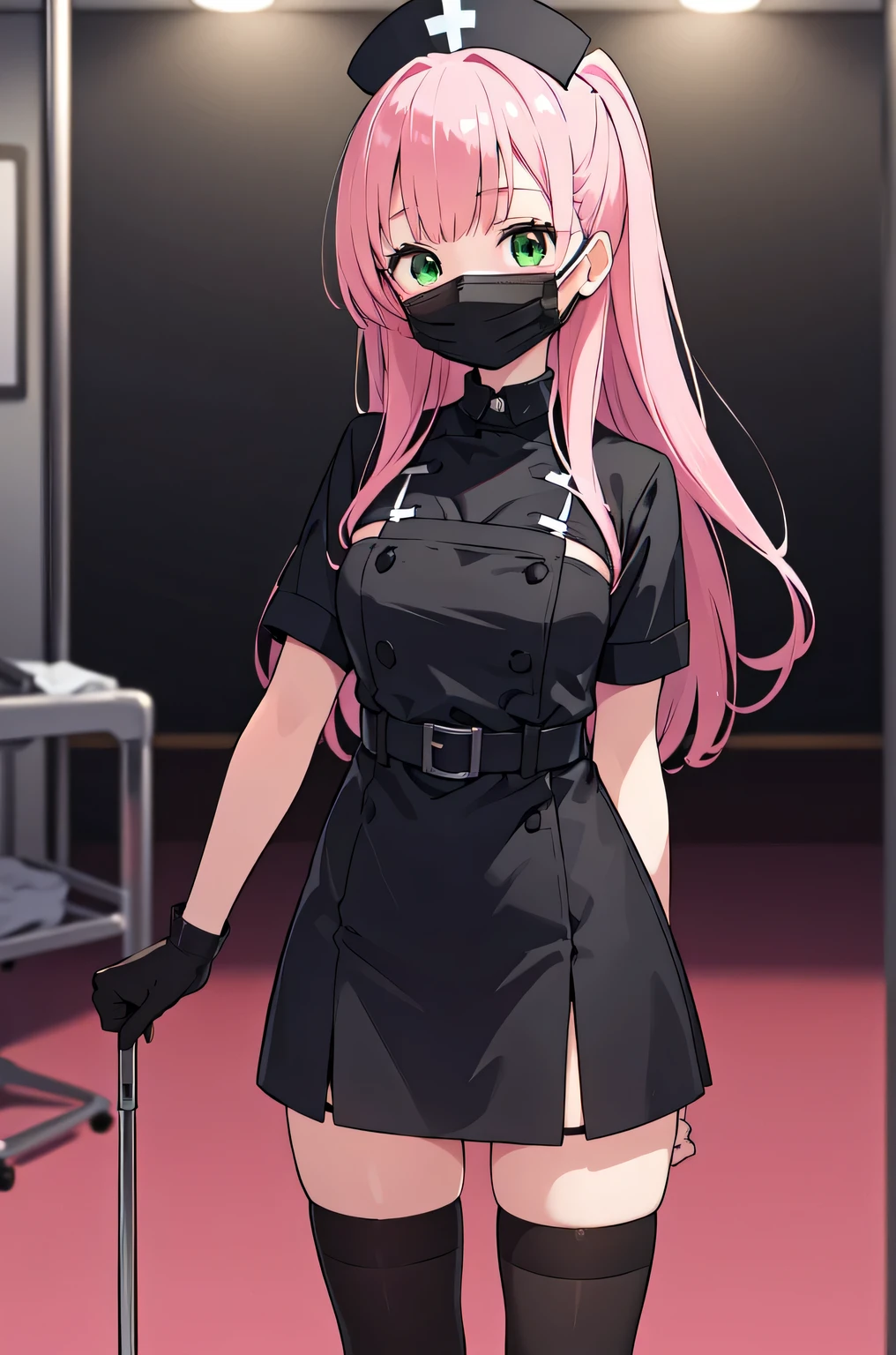 black nurse, 1woman, solo, black nurse cap, black nurse uniform, ((black legwear, zettai ryouiki)), black elbow gloves, pink hair, green eyes, drooping eyes, ((black surgical mask, covered nose)), standing, ((surgery room)), sharp outline, short sleeves, mature female, 32 years old, best quality, masterpiece