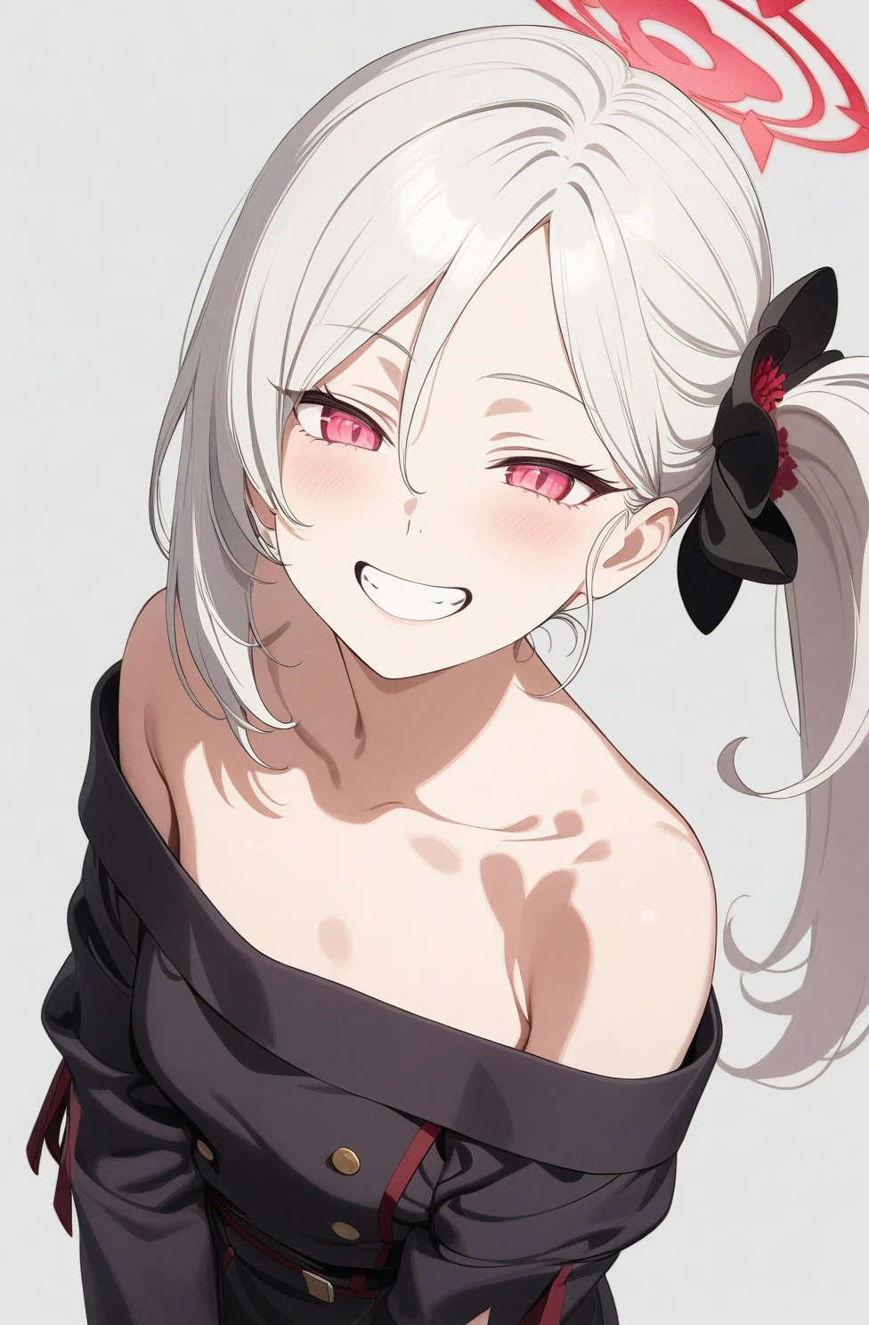 best quality, amazing quality, very aesthetic, absurdres, (1girl, mutsuki, blue archive, solo, red eyes, white hair, side ponytail), (artist official art:1.5), (realistic face:0.5), (grin, off-shoulder sweater:2), (cowboy shot), (from above:0.3), (glowing eyes:1.1), nipple, from above, (half closed eyes:0.9), (thigh), expressive eyes, perfect face, 4k, extremely detailed anime illustration, extremely detailed eyes, enhanced details, perfect anatomy, light rays, (gray background:1.5), clear eyes, beautiful face, small breasts, (Chiaroscuro:1.5), (highres:2), undressing