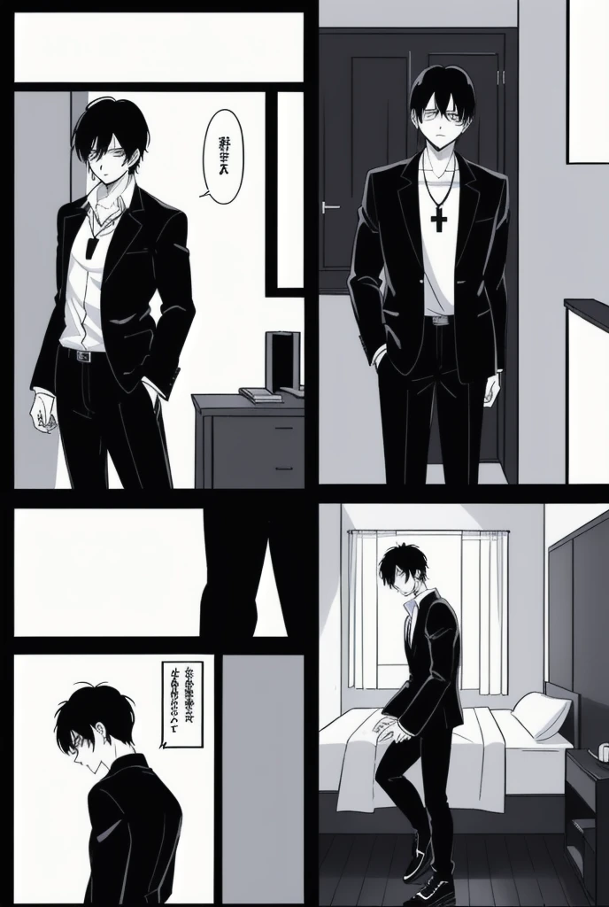 (((manga page, blank page layout))), empty manga panels, panels, dynamic lines, webcomic, manga page, blank page, manga layout, panels, manga panels, page layout, thick lines, sharp lines, high contrast, clean lines, angles, geometry, monochrome (((white boxes with black borders))) 
Character: a young man of 17 years of age, black hair, eyes, white shirt with graphic design, over the shirt he wears a black jacket, black pants, black sports shoes with white laces, around his neck a black necklace with a cross pendant silver.
page: the young man is lying on the bed in his room with a bored expression, it is night. The young man gets out of bed, leaves his room down the stairs, with a confused expression he realizes that his house is alone and dark.