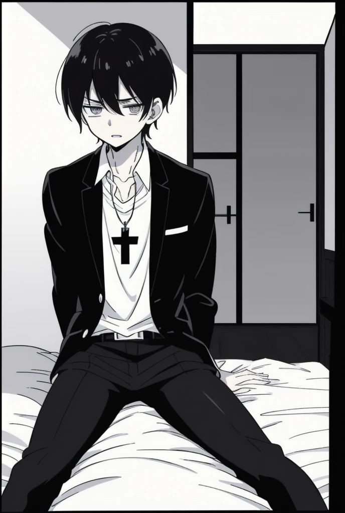 (((manga page, blank page layout))), empty manga panels, panels, dynamic lines, webcomic, manga page, blank page, manga layout, panels, manga panels, page layout, thick lines, sharp lines, high contrast, clean lines, angles, geometry, monochrome (((white boxes with black borders))) 
Character: a young man of 17 years of age, black hair, eyes, white shirt with graphic design, over the shirt he wears a black jacket, black pants, black sports shoes with white laces, around his neck a black necklace with a cross pendant silver.
page: the young man is lying on the bed in his room with a bored expression, it is night. The young man gets out of bed, leaves his room down the stairs, with a confused expression he realizes that his house is alone and dark.